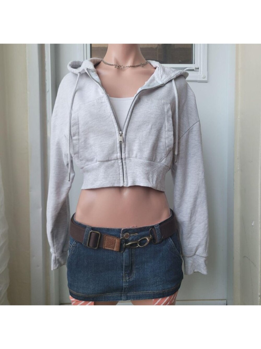 Garage Grey Cropped Streetwear Zip Up Hoodie Jacket (S)